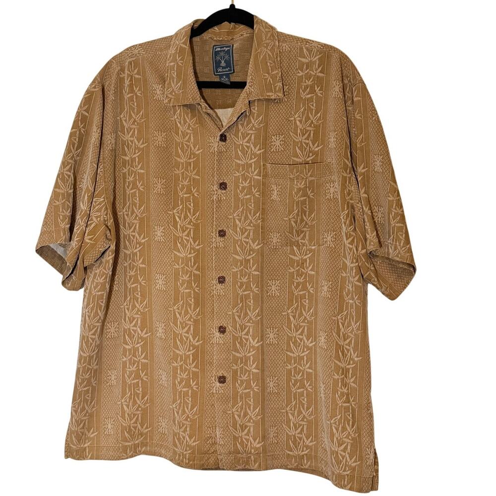 Montego Resort Men's L 100% Silk Hawaiian Shirt Tan Bamboo Jacquard Aloha